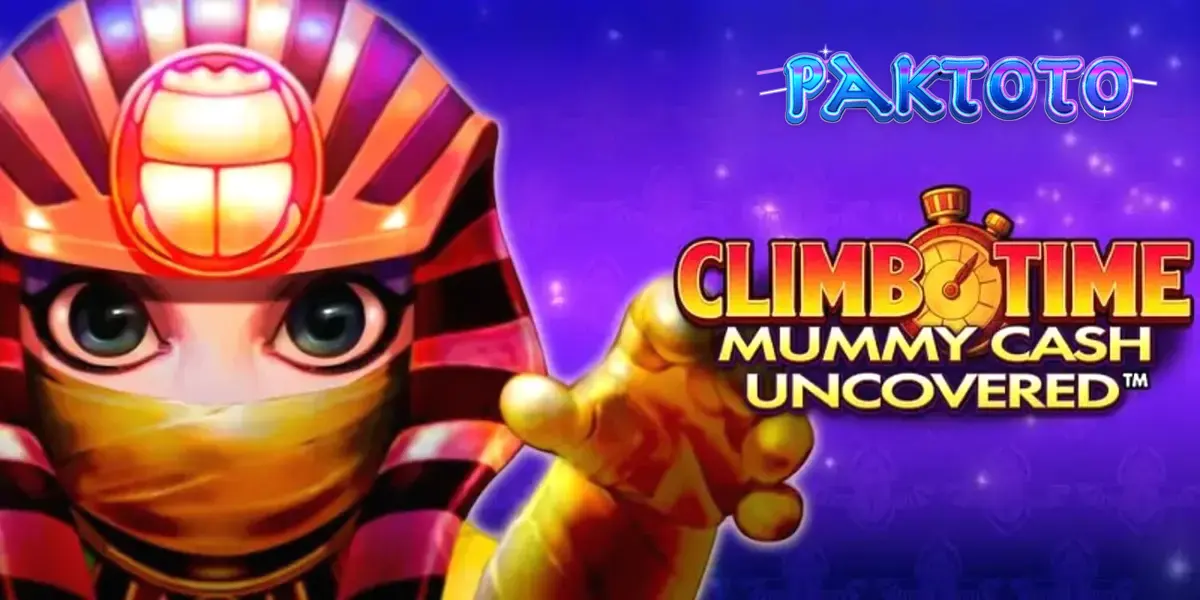 Tampilan visual slot Climb Time Mummy Cash Uncovered dengan nuansa malam Mesir yang modern
