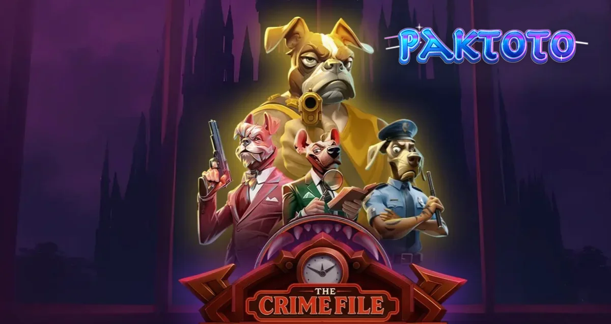 Tampilan visual slot The Crime File dengan tema detektif anjing noir